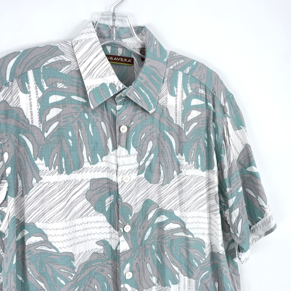 Cubavera Monstera Leaf Print Short Sleeve Button Down Shirt  Mens M Teal Grey‎